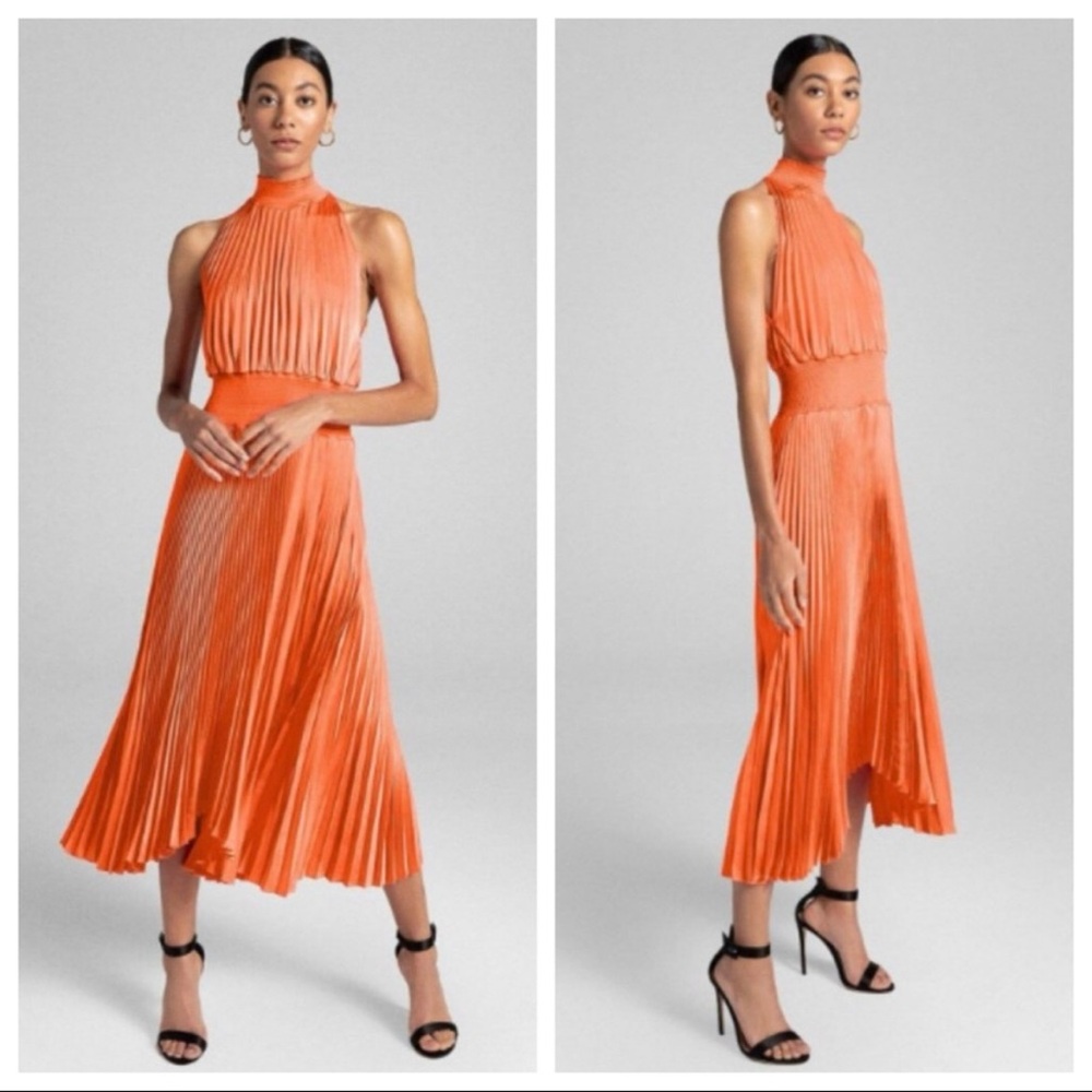 ALC Renzo Dress Pleated Mock Neck Midi Smocked Matte Neon Orange Asymmetric Hem